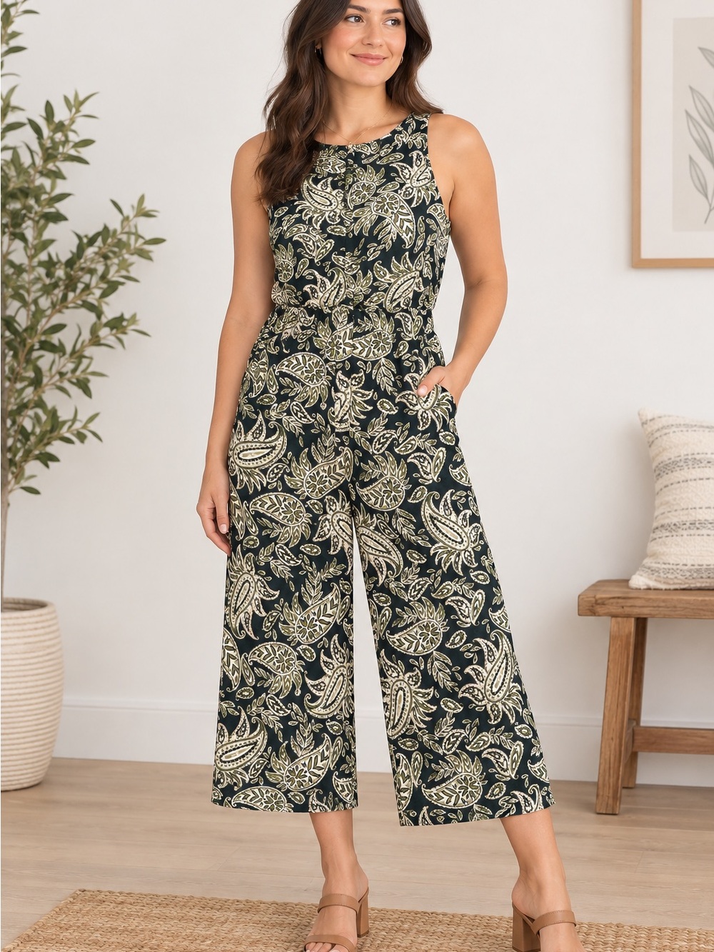 Women's Green & Cream Paisley Jumpsuit